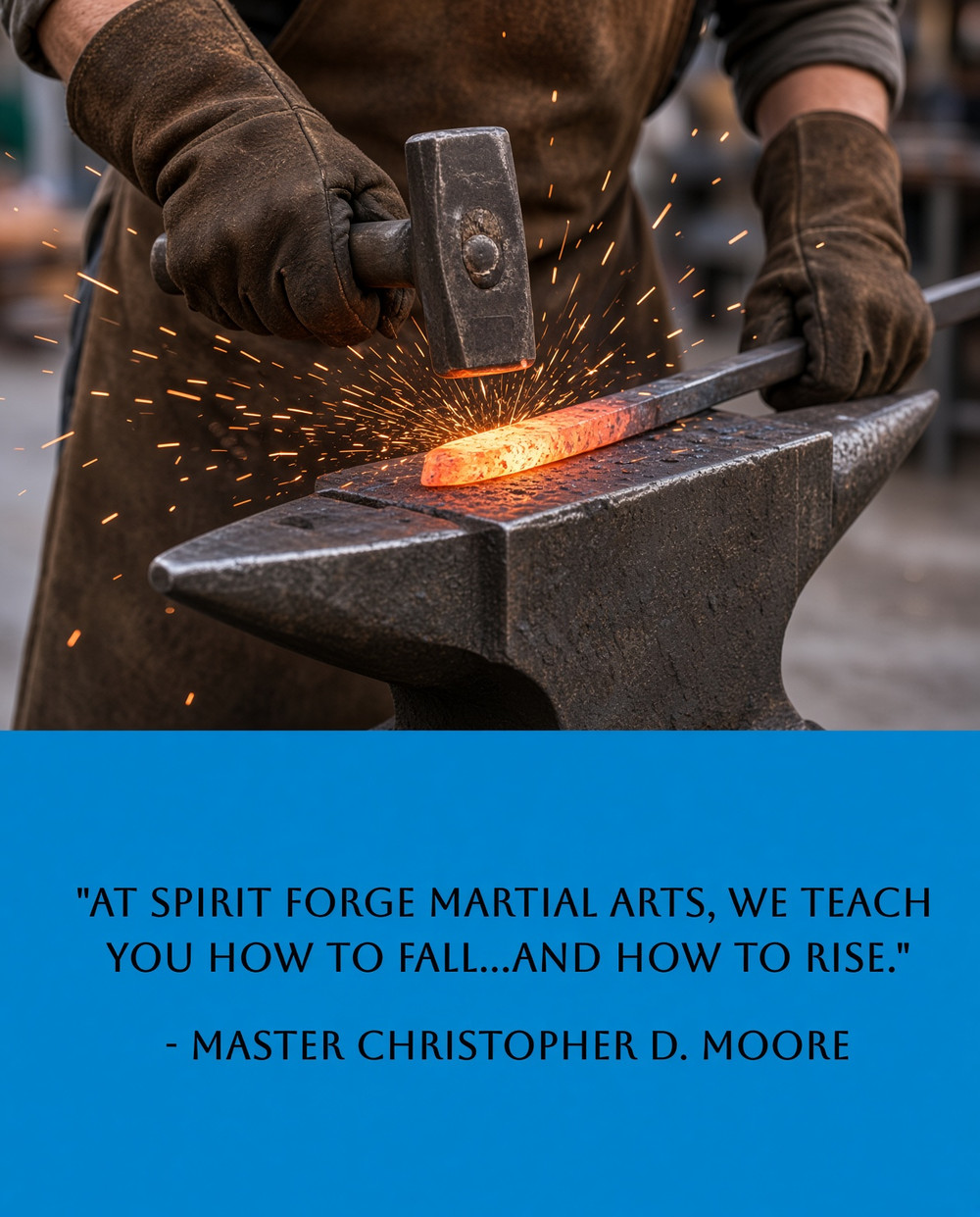 Blacksmith hammering glowing steel on an anvil, with the quote: At Spirit Forge Martial Arts, we teach you how to fall and how to rise. Master Christopher D. Moore.